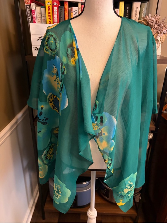 Susan Graver Tops - Susan Graver Teal Floral Sheer Drape Front Cardigan